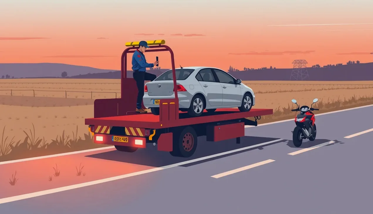 Žlté odťahové vozidlo nakladá nepojazdné osobné auto na krajnici cesty