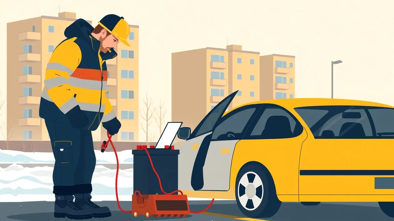 Zasnežené osobné auto zaparkované na sídlisku s vrstvou ľadu na čelnom skle