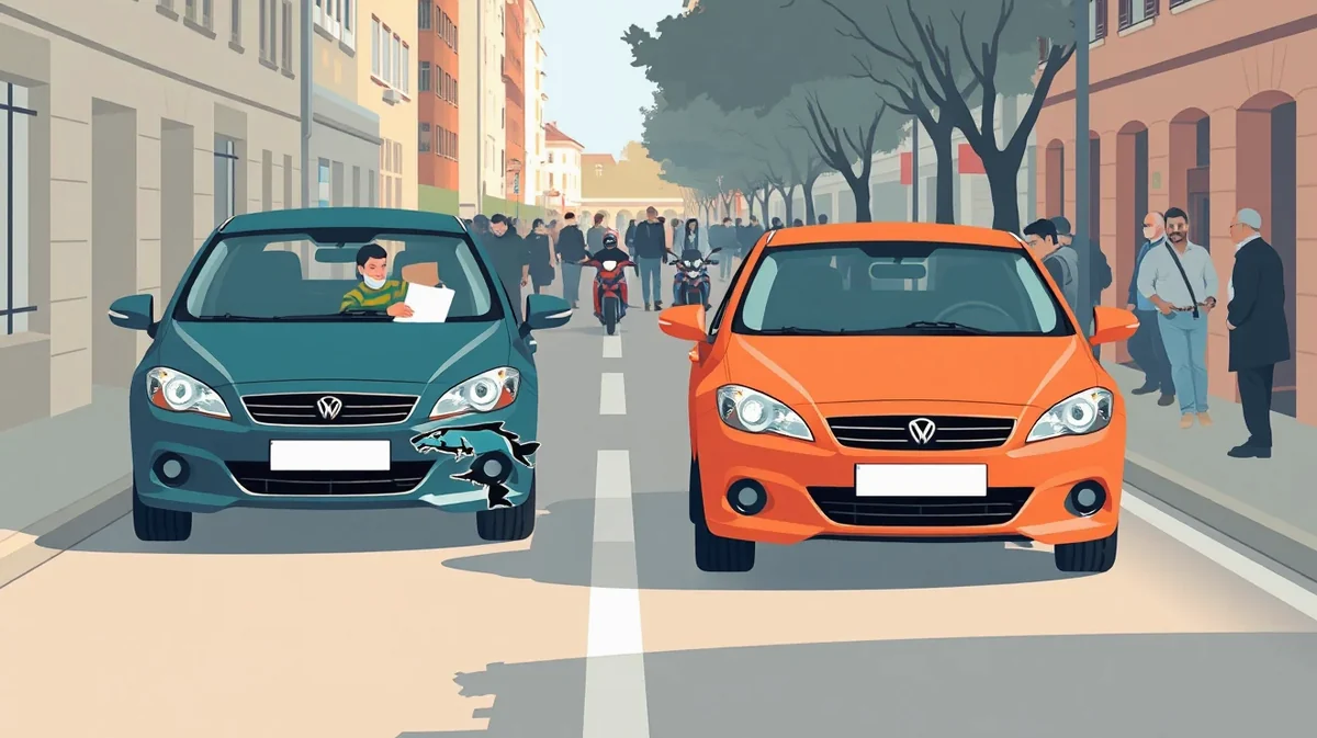 Inštruktor autoškoly a žiak vypisujú záznam o nehode po kolízii na ceste