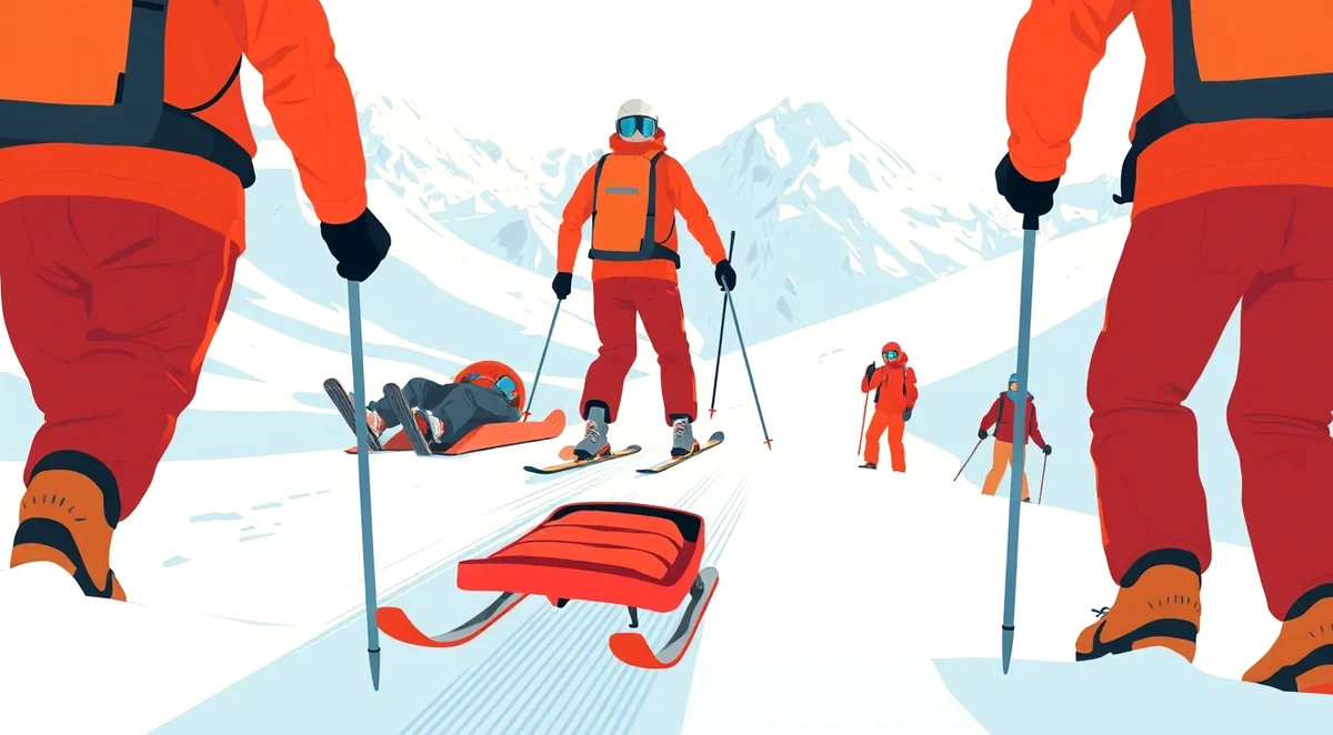 Skupina mladých lyžiarov s inštruktorom na svahu v blízkosti prekážok snowparku
