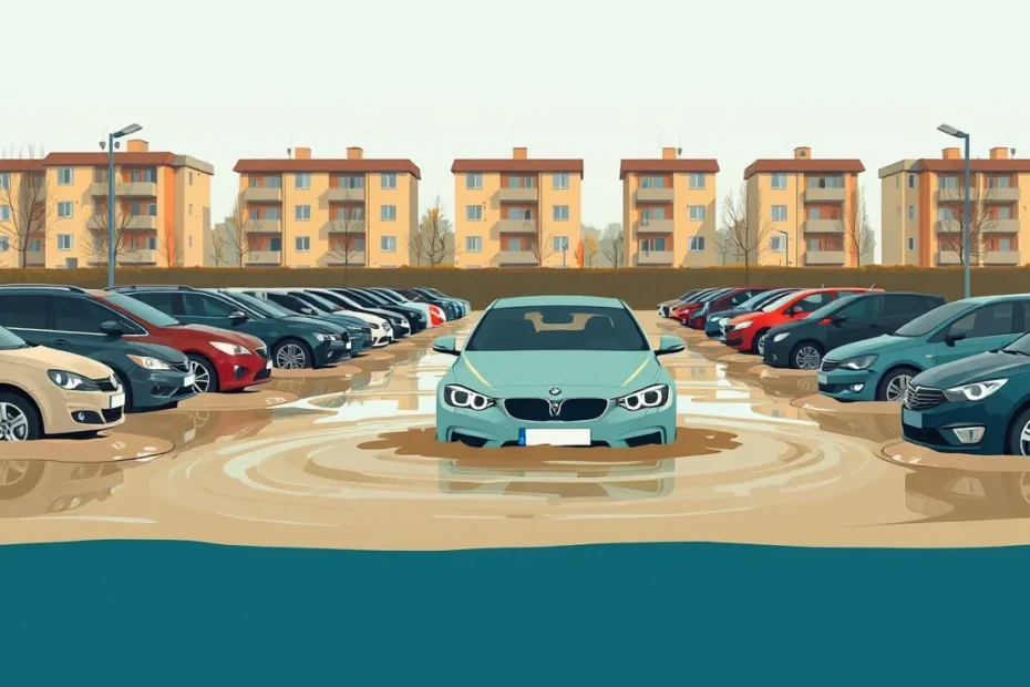 Osobné auto stojace v hlbokej vode na zatopenej mestskej ceste pod viaduktom