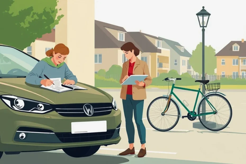 Cyklista vypĺňa záznam o dopravnej nehode s vodičom poškodeného osobného auta na parkovisku