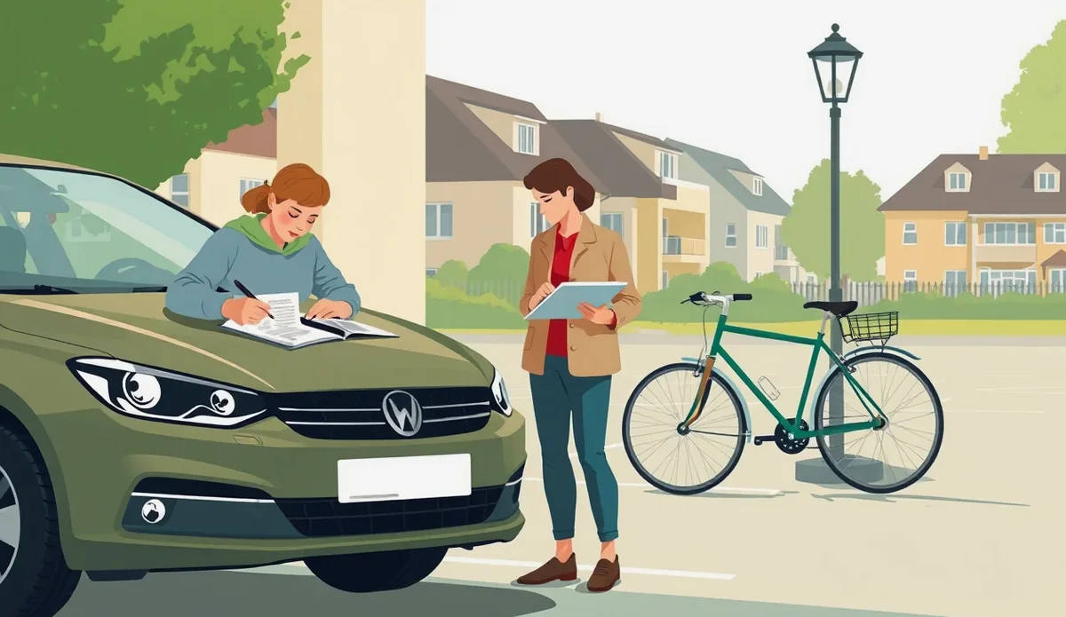Cyklista vypĺňa záznam o dopravnej nehode s vodičom poškodeného osobného auta na parkovisku