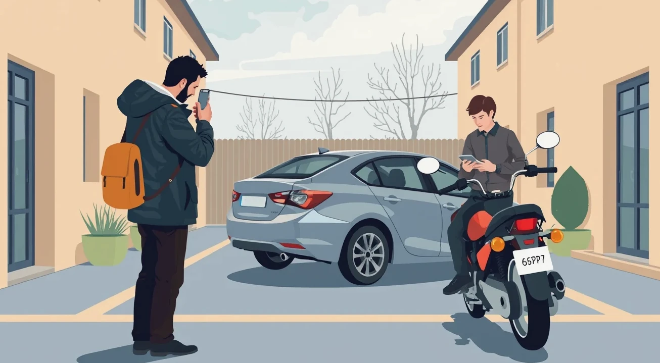 Vodiči spisujú správu o nehode na parkovisku pri poškodenom automobile