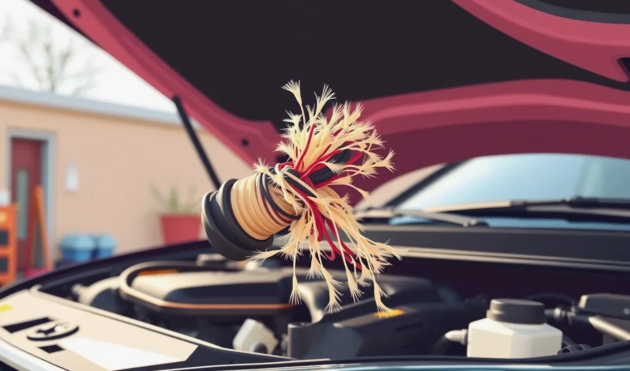 Mechanik v autoservise kontroluje poškodenú elektroinštaláciu a prehrýznuté káble v motorovom priestore vozidla