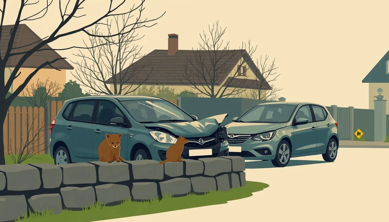 Pohľad na roztrhnutú zvukovú izoláciu kapoty a motor auta s viditeľnými stopami po návšteve zvieraťa