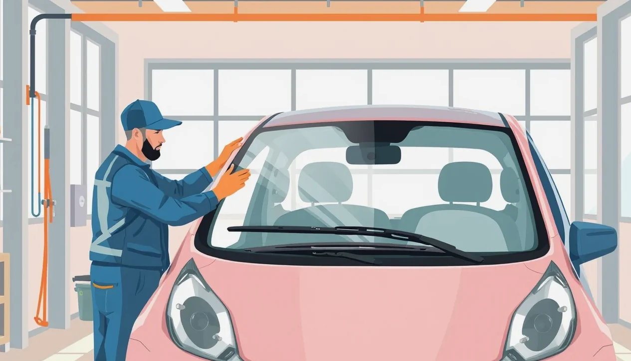 Mechanik nastavuje kalibračný terč pred prednou kamerou moderného automobilu v autoservise