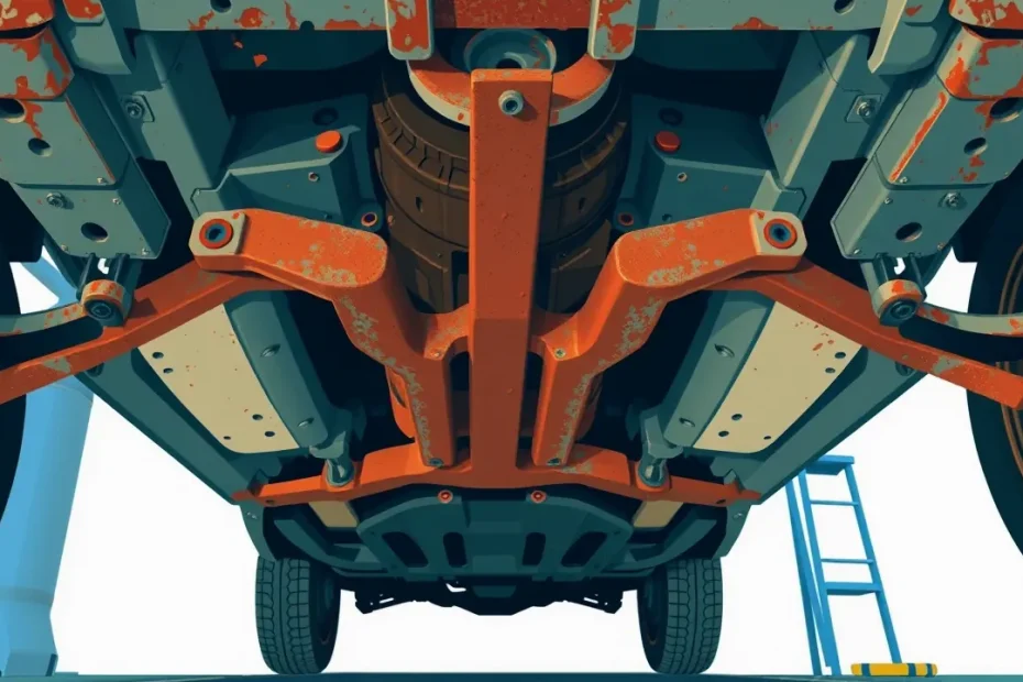 Mechanik v autoservise kontroluje poškodené zavesenie kolesa a rameno nápravy na zdviháku