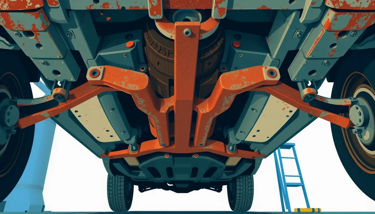 Mechanik v autoservise kontroluje poškodené zavesenie kolesa a rameno nápravy na zdviháku