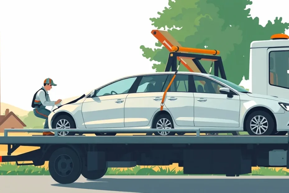 Žlté odťahové vozidlo nakladá nepojazdný osobný automobil na krajnici cesty