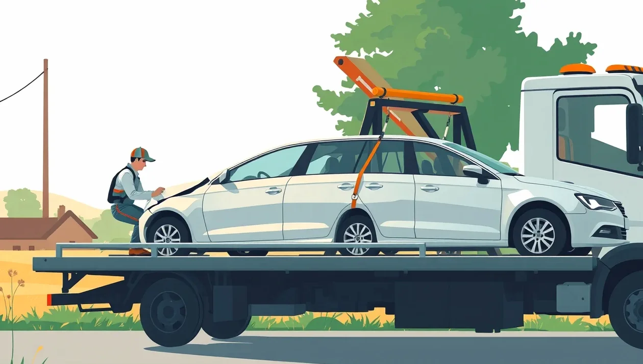 Žlté odťahové vozidlo nakladá nepojazdný osobný automobil na krajnici cesty