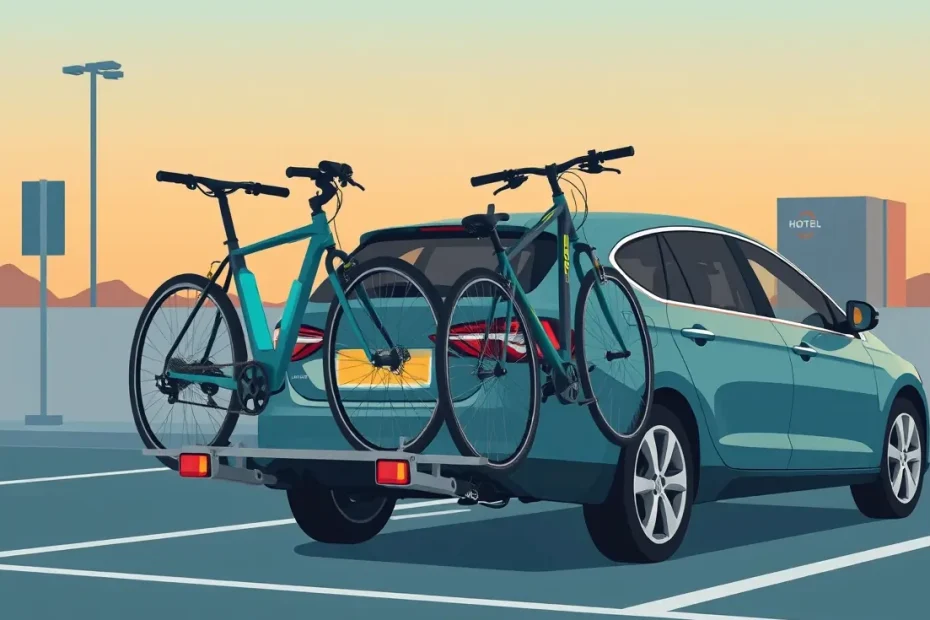 Firemný mestský elektrobicykel zaparkovaný pred kancelárskou budovou a uzamknutý masívnym zámkom