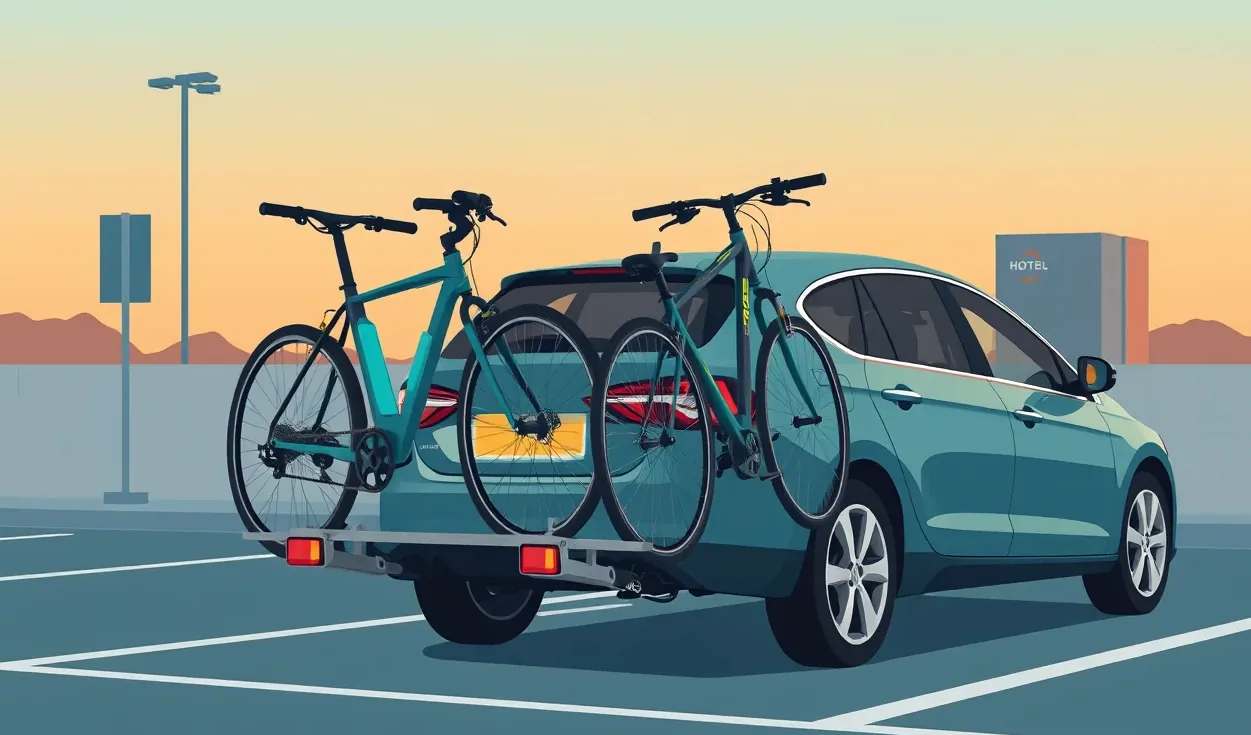 Firemný mestský elektrobicykel zaparkovaný pred kancelárskou budovou a uzamknutý masívnym zámkom