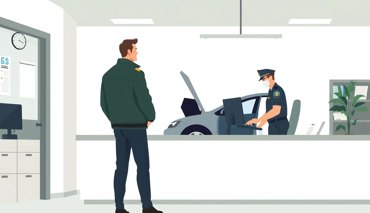 Policajné vozidlo s majákmi vyšetruje poistnú udalosť na parkovisku