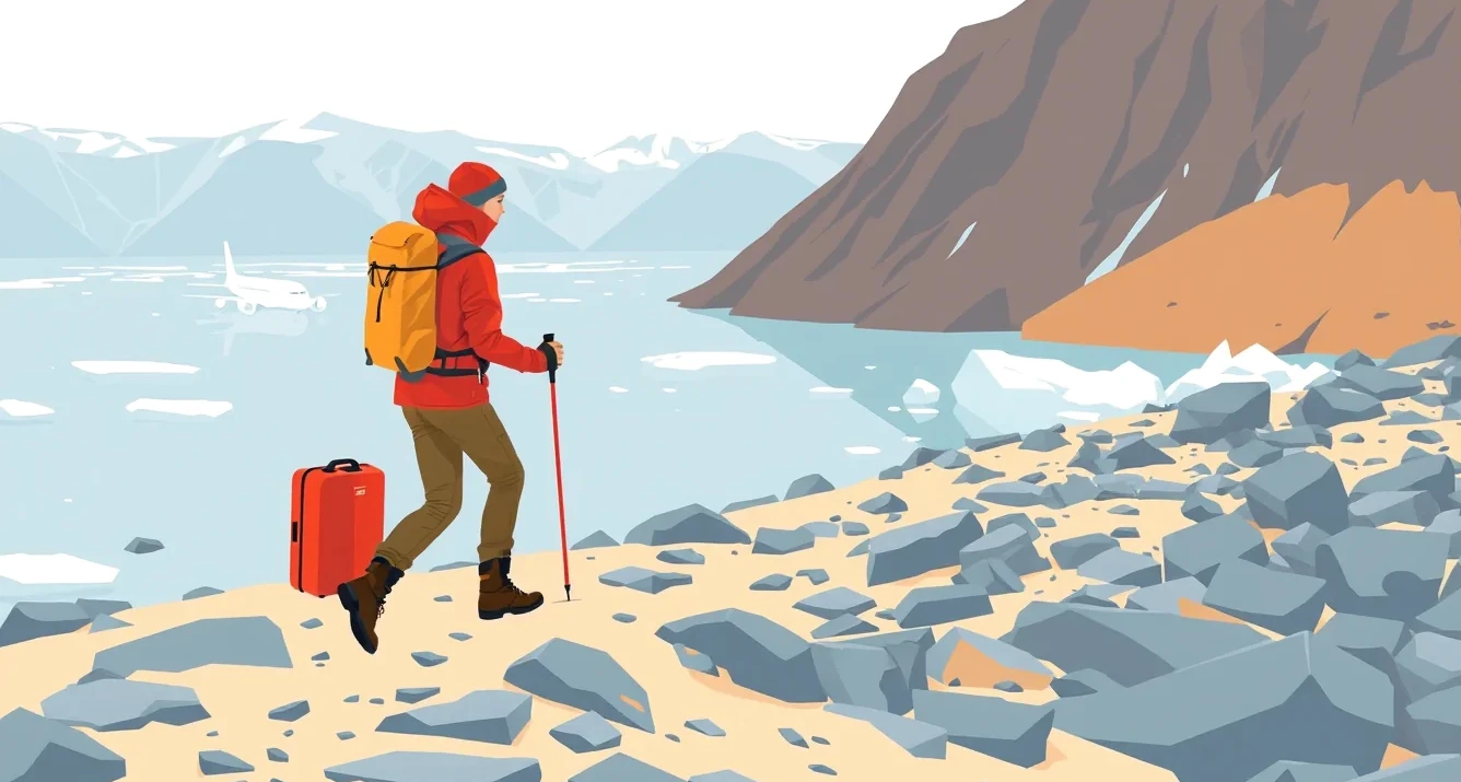 Turista s ťažkým batohom kráčajúci po skalnatej tundre na trase Arctic Circle Trail
