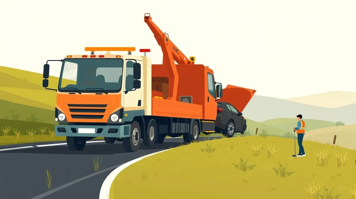 Žlté asistenčné odťahové vozidlo nakladá nepojazdný osobný automobil po dopravnej nehode