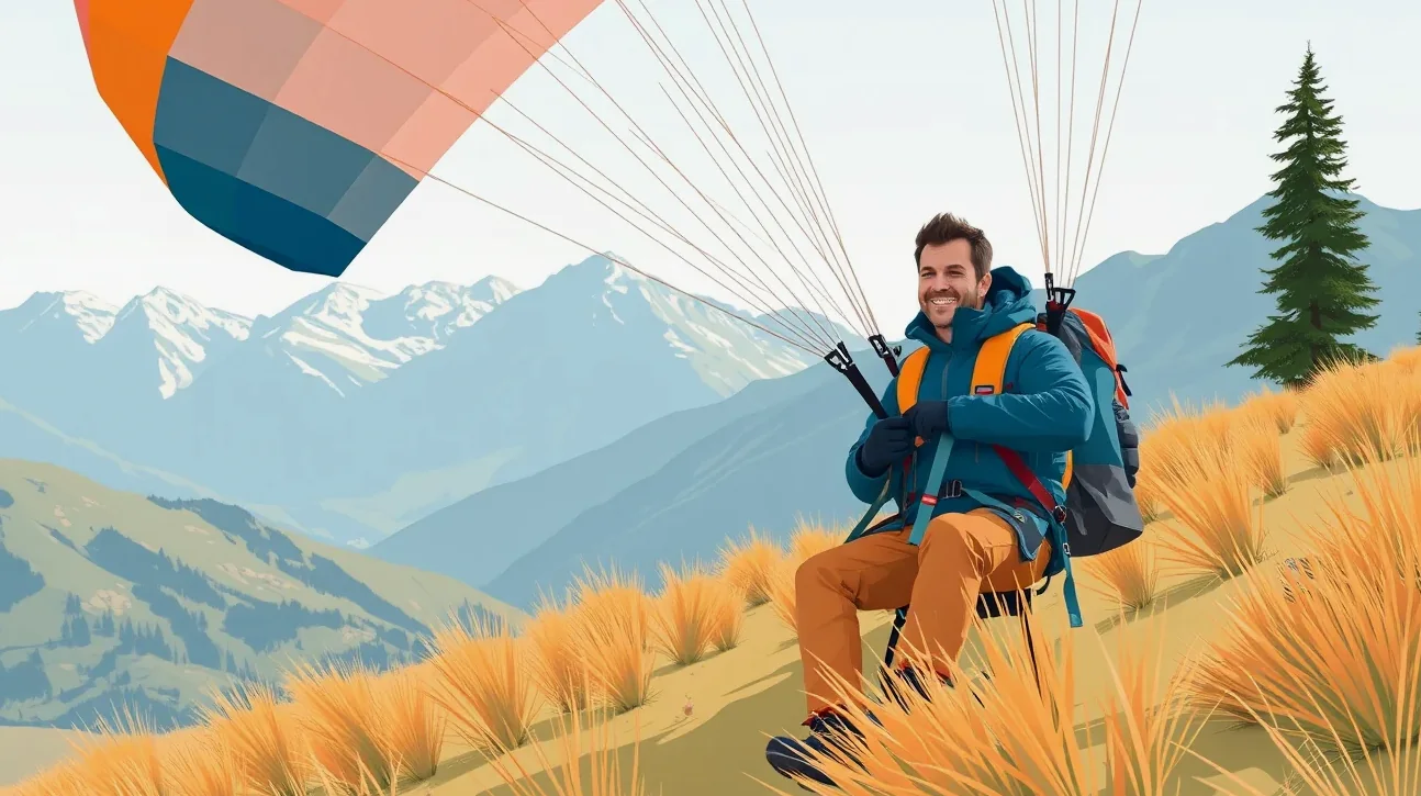 Pilot paraglidingu v horskom teréne kontroluje letový prístroj a GPS navigáciu po pristátí