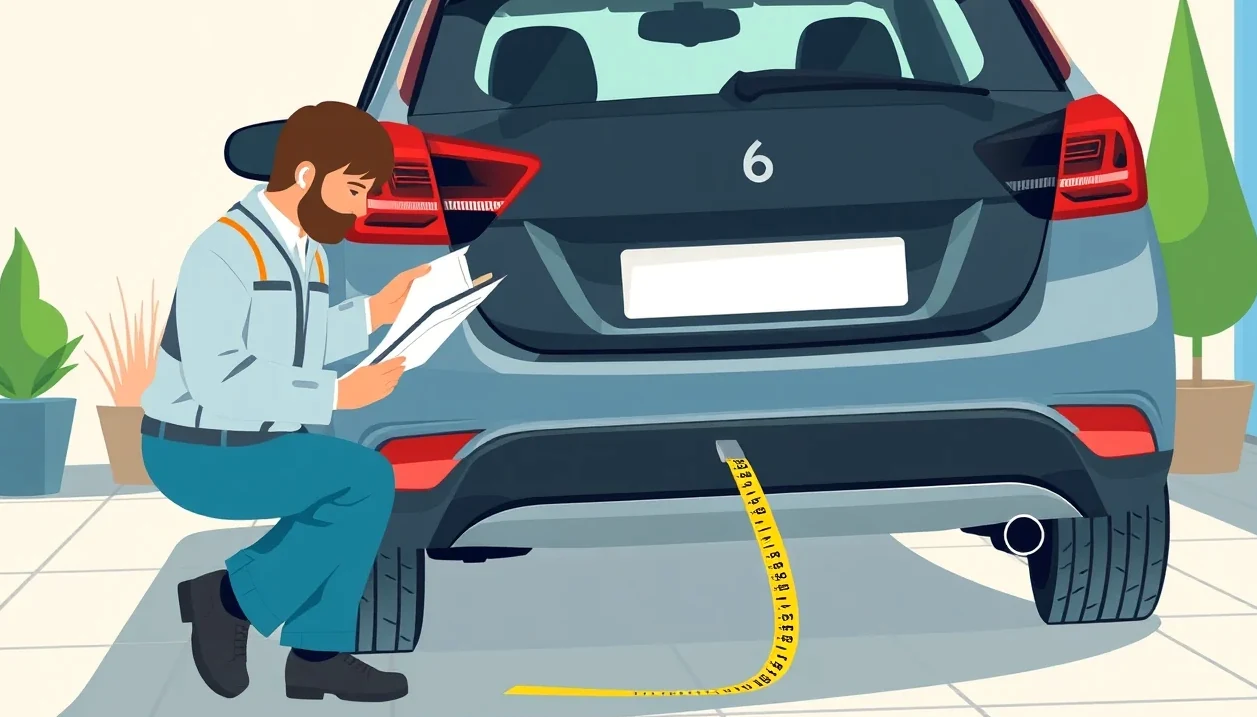 Pracovník autoservisu premeriava geometriu nápravy poškodeného automobilu