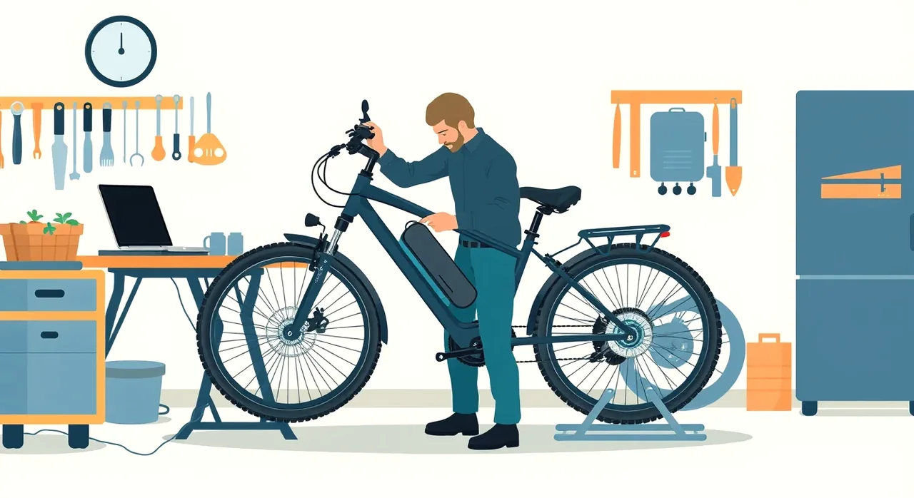 Detail elektromotora a batérie namontovanej na ráme bicykla s výrobným štítkom