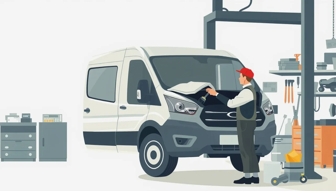 Automechanik v servise kontroluje prasklinu na čelnom skle firemného auta
