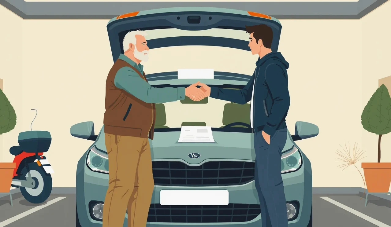 Vodič kontroluje technický preukaz a dokumenty k vozidlu Volkswagen pri stole
