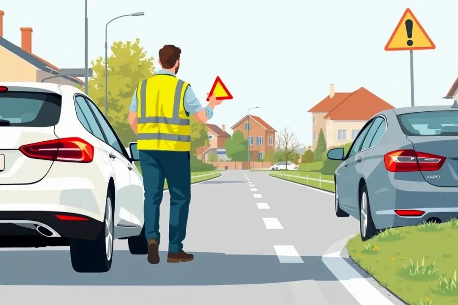 Dva poškodené automobily po zrážke na križovatke s rozostaveným výstražným trojuholníkom