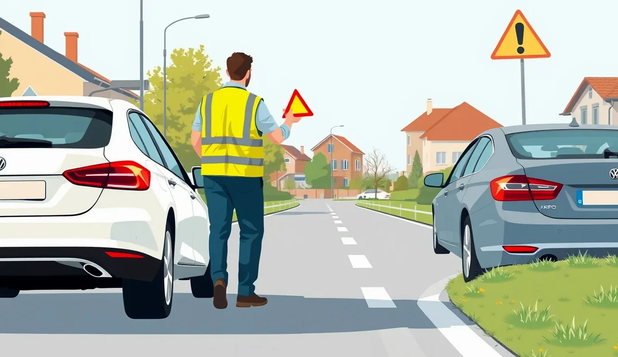 Dva poškodené automobily po zrážke na križovatke s rozostaveným výstražným trojuholníkom