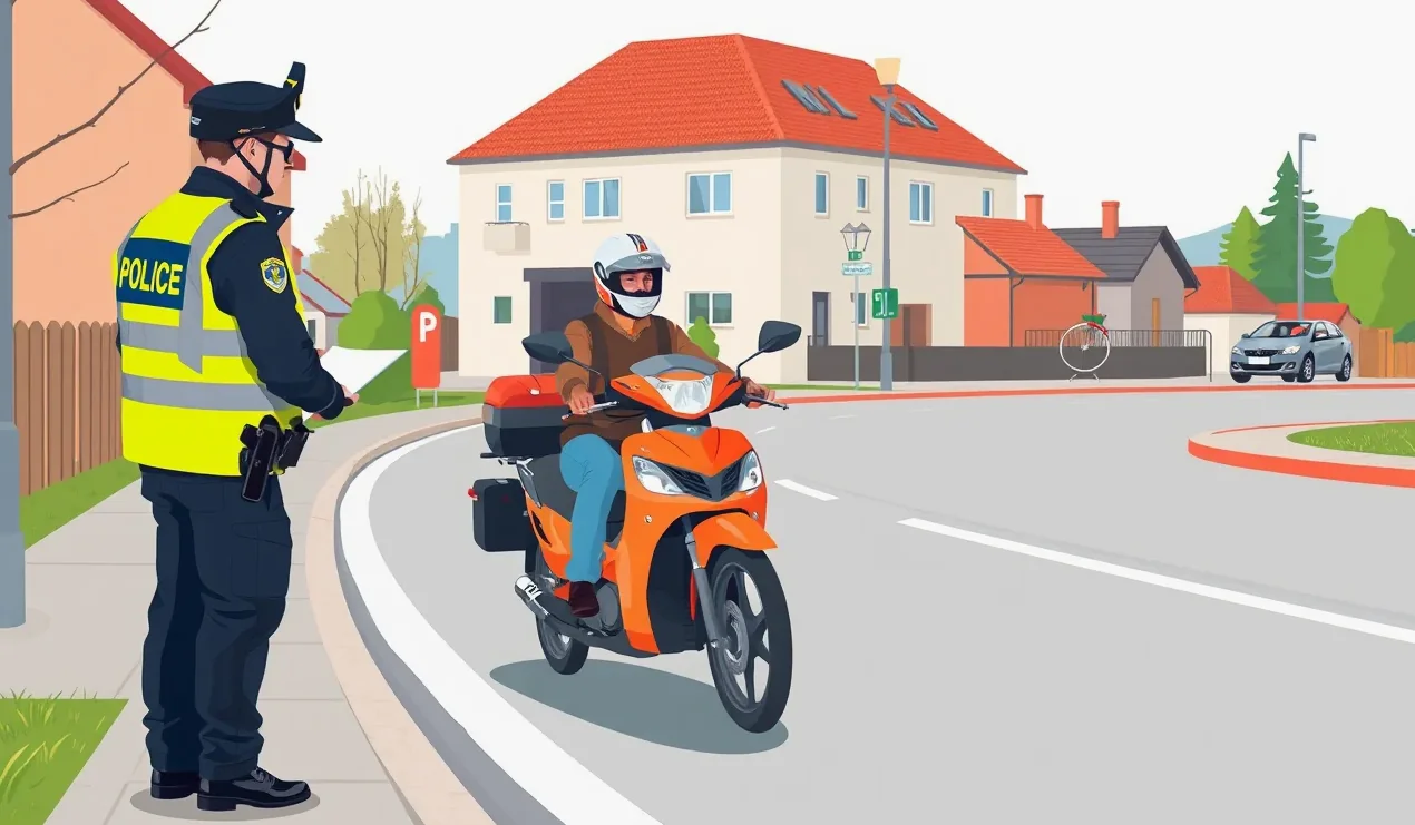 Policajná hliadka kontrolujúca doklady vodiča malého motorového vozidla pri ceste