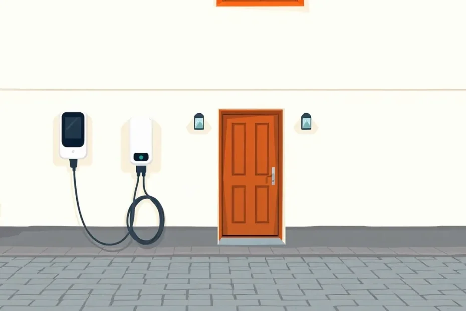 Biela nabíjacia stanica namontovaná na fasáde rodinného domu vedľa zaparkovaného elektromobilu