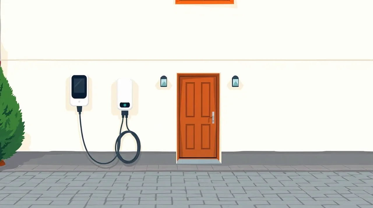 Biela nabíjacia stanica namontovaná na fasáde rodinného domu vedľa zaparkovaného elektromobilu