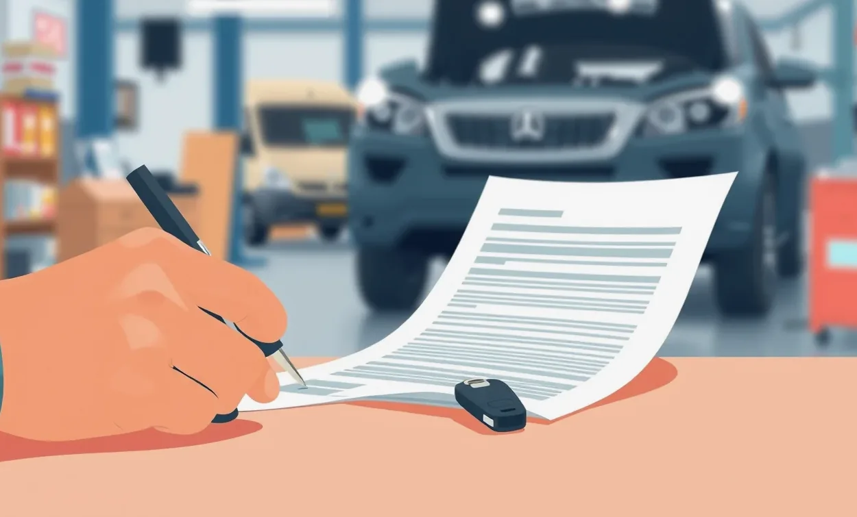 Mechanik kontroluje podvozok havarovaného vozidla na zdviháku v autoservise